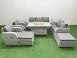 Fimous PE Rattan Garden Furniture Set Reclining Chair Sofa Double Love Seat 2 Seater Sofa Lounge Set Firepit Dining Table 2 Big Footstool 2 Side - thumbnail 1