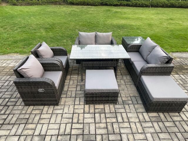 Fimous Outdoor Rattan Garden Furniture 8 piece Grey Patio Furniture Set 8 Seater Lounge Sofa Set with Rectangular Table in Dark Grey - image 1