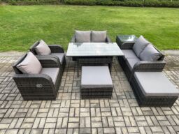 Fimous Outdoor Rattan Garden Furniture 8 piece Grey Patio Furniture Set 8 Seater Lounge Sofa Set with Rectangular Table in Dark Grey - thumbnail 1