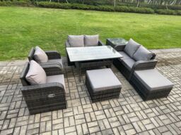 Fimous Outdoor Rattan Garden Furniture 8 piece Grey Patio Furniture Set 8 Seater Lounge Sofa Set with Rectangular Table in Dark Grey - thumbnail 2