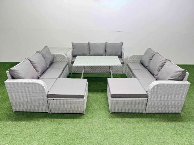 Fimous 11 Seat Outdoor PE Rattan Garden Furniture with Side Table Light Grey - image 1