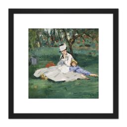 Artery8 Manet Monet Family In Their Garden Argenteuil Painting 8X8 Inch Square Wooden Framed Wall Art Print Picture with Mount in Black - thumbnail 1
