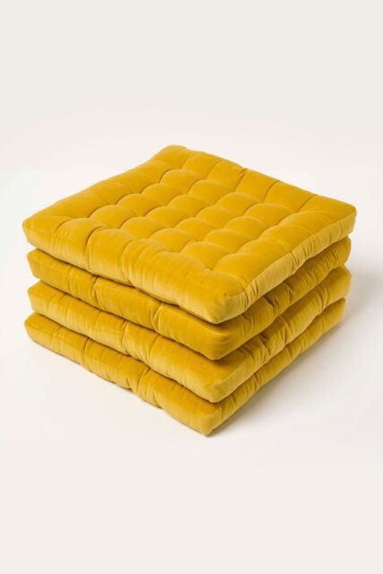 Homescapes 4 Pack Seat Pads Luxury Cotton Velvet Indoor Outdoor Garden Cushion, 40cm in Mustard - Size: 40 cm x 40 cm - image 1