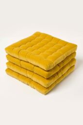 Homescapes 4 Pack Seat Pads Luxury Cotton Velvet Indoor Outdoor Garden Cushion, 40cm in Mustard - Size: 40 cm x 40 cm