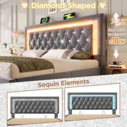 BTM Velvet Bed with LED, USB-C Charging & Hydraulic Storage in Grey - Size: Double - thumbnail 3