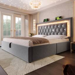 BTM Velvet Bed with LED, USB-C Charging & Hydraulic Storage in Grey - Size: Double - thumbnail 9