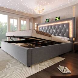 BTM Velvet Bed with LED, USB-C Charging & Hydraulic Storage in Grey - Size: Double - thumbnail 8
