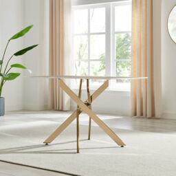 FurnitureboxUK Leonardo 4-Seater Dining Table With Marble Effect Glass Top & Gold Metal Legs in White - thumbnail 3