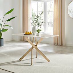 FurnitureboxUK Leonardo 4-Seater Dining Table With Marble Effect Glass Top & Gold Metal Legs in White - thumbnail 2