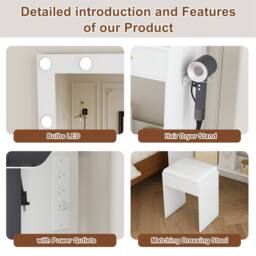 Direct Wicker 9-Bulb Hollywood Makeup Vanity with Large Mirror, Stool Included in White - Size: 1 Pack - thumbnail 6
