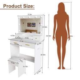 Direct Wicker 9-Bulb Hollywood Makeup Vanity with Large Mirror, Stool Included in White - Size: 1 Pack - thumbnail 2
