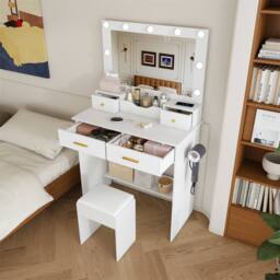 Direct Wicker 9-Bulb Hollywood Makeup Vanity with Large Mirror, Stool Included in White - Size: 1 Pack - thumbnail 7