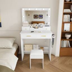 Direct Wicker 9-Bulb Hollywood Makeup Vanity with Large Mirror, Stool Included in White - Size: 1 Pack - thumbnail 1