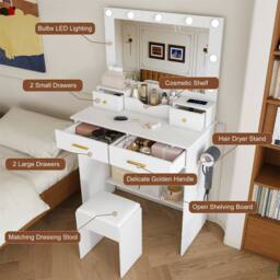 Direct Wicker 9-Bulb Hollywood Makeup Vanity with Large Mirror, Stool Included in White - Size: 1 Pack - thumbnail 3