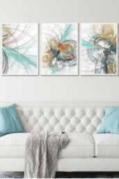 ARTZE Set of 3 White Framed Abstract Green Yellow Grey Mixed Media Fractal Wall Art in Bright Yellow - Size: W53 cm x H73 cm x D20mm - thumbnail 1