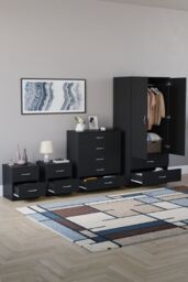 Home Discount Vida Designs Riano 4Pc Bedroom Set 2 Drawer Bedside, 5 Drawer Chest in Black - thumbnail 2