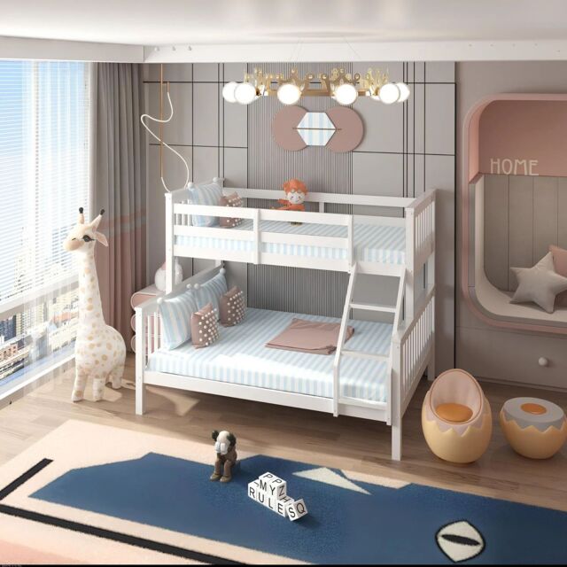 Interior Emporium Ltd Lily Wooden Trio Bunk Bed with 2 Single + 1 Double Mattress - with Extra Trundle - White - image 1