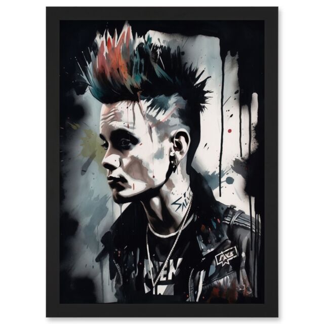 Artery8 Punk Rock Music Fashion Young Man with a Mohawk Modern Watercolour Painting Artwork Framed Wall Art Print A4 in Black - image 1