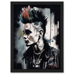 Artery8 Punk Rock Music Fashion Young Man with a Mohawk Modern Watercolour Painting Artwork Framed Wall Art Print A4 in Black - thumbnail 1