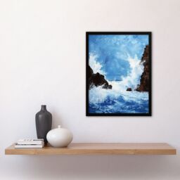 "Artery8 Waves Crashing Rocks Sea Spray Oil Painting Framed Art Print in Blue - Size: W12"" x H16""" - thumbnail 4