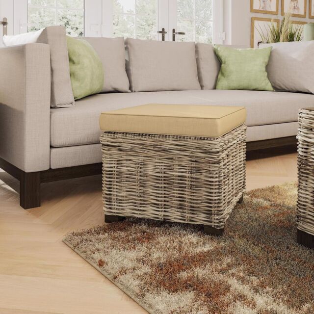 FWStyle Solid Pine Rattan Padded Storage Ottoman Stool in Brown - image 1