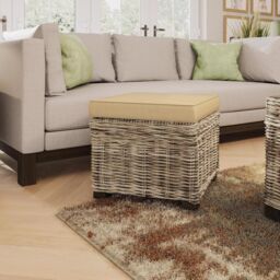 FWStyle Solid Pine Rattan Padded Storage Ottoman Stool in Brown - thumbnail 1