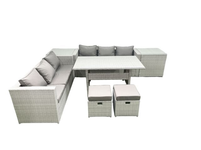 Fimous Rattan Garden Furniture Set 8 Seater Outdoor Sofa Set with Dining Table 2 Side Tables 2 Small Footstools Light Grey Mixed - image 1