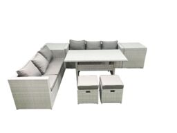 Fimous Rattan Garden Furniture Set 8 Seater Outdoor Sofa Set with Dining Table 2 Side Tables 2 Small Footstools Light Grey Mixed - thumbnail 1