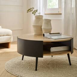 CALICOSY Round Coffee Table With 2 Tiers, Black Metal Sides, 80Cm in Light Oak - thumbnail 2