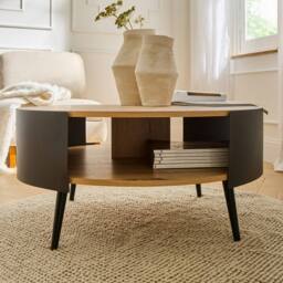 CALICOSY Round Coffee Table With 2 Tiers, Black Metal Sides, 80Cm in Light Oak - thumbnail 4