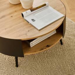 CALICOSY Round Coffee Table With 2 Tiers, Black Metal Sides, 80Cm in Light Oak - thumbnail 5