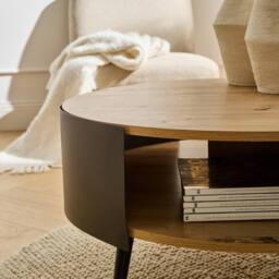 CALICOSY Round Coffee Table With 2 Tiers, Black Metal Sides, 80Cm in Light Oak - thumbnail 7