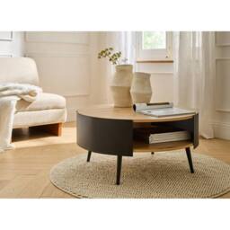 CALICOSY Round Coffee Table With 2 Tiers, Black Metal Sides, 80Cm in Light Oak - thumbnail 8