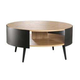 CALICOSY Round Coffee Table With 2 Tiers, Black Metal Sides, 80Cm in Light Oak - thumbnail 1