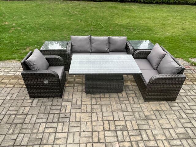 Fimous Outdoor Rattan Furniture Garden Dining Set Patio Height Adjustable Rising lifting Table Reclining Chair Sofa With 2 Side Tables in Dark Grey - image 1