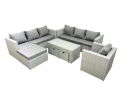 Fimous Wicker PE Rattan Sofa Garden Furniture Set with Oblong Coffee Table Armchair 3 Footstools Light Grey Mixed - thumbnail 1