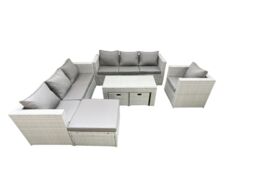 Fimous Wicker PE Rattan Sofa Garden Furniture Set with Oblong Coffee Table Armchair 3 Footstools Light Grey Mixed - thumbnail 2