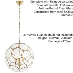 Loops Multi Light Ceiling Pendant 3 Bulb ANTIQUE BRASS & GLASS Large Modern Lamp Shade in Clear - thumbnail 2