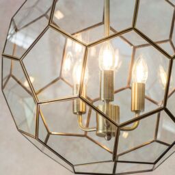 Loops Multi Light Ceiling Pendant 3 Bulb ANTIQUE BRASS & GLASS Large Modern Lamp Shade in Clear - thumbnail 3