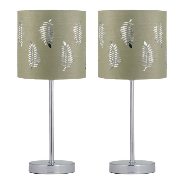 First Choice Lighting Set of 2 Chrome Touch Operated Table Lamps with Sage Green Fern Shades in Silver - image 1
