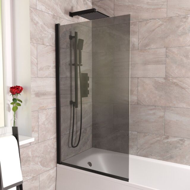Nes Home 800mm Square Bath Screen Matt Black Profile Grey Tinted Glass Reversible - image 1