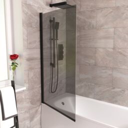 Nes Home 800mm Square Bath Screen Matt Black Profile Grey Tinted Glass Reversible - thumbnail 2