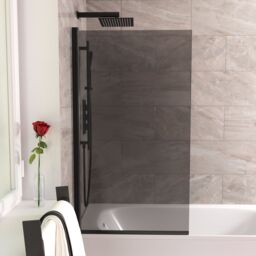 Nes Home 800mm Square Bath Screen Matt Black Profile Grey Tinted Glass Reversible - thumbnail 3