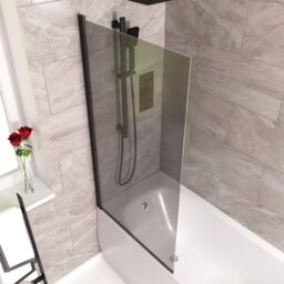 Nes Home 800mm Square Bath Screen Matt Black Profile Grey Tinted Glass Reversible - thumbnail 4