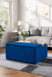 H&O Direct Blue Rectangle Velvet Storage Ottoman Stool