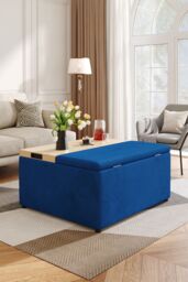H&O Direct Blue Rectangle Velvet Storage Ottoman Stool - thumbnail 2