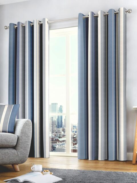 Fusion 'Whitworth Stripe' Fully Lined 100% Cotton Eyelet Curtains in Blue - Size: 168 cm width x 229 cm drop - image 1