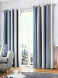 Fusion 'Whitworth Stripe' Fully Lined 100% Cotton Eyelet Curtains in Blue - Size: 168 cm width x 229 cm drop - thumbnail 1