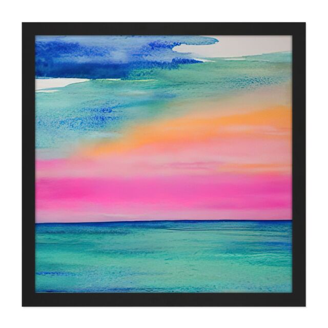"Artery8 Wall Art Print Modern Hazy Pink & Orange Seascape Watercolour Sea Square Framed Picture 16X16 Inch in Black - Size: W16"" x H16""" - image 1