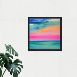 "Artery8 Wall Art Print Modern Hazy Pink & Orange Seascape Watercolour Sea Square Framed Picture 16X16 Inch in Black - Size: W16"" x H16""" - thumbnail 2